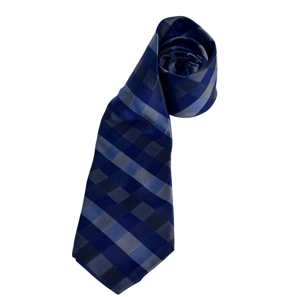 Pronto Uomo Mens Silk Tie Blue Grey Checkered Plaid Textured Geometric Formal